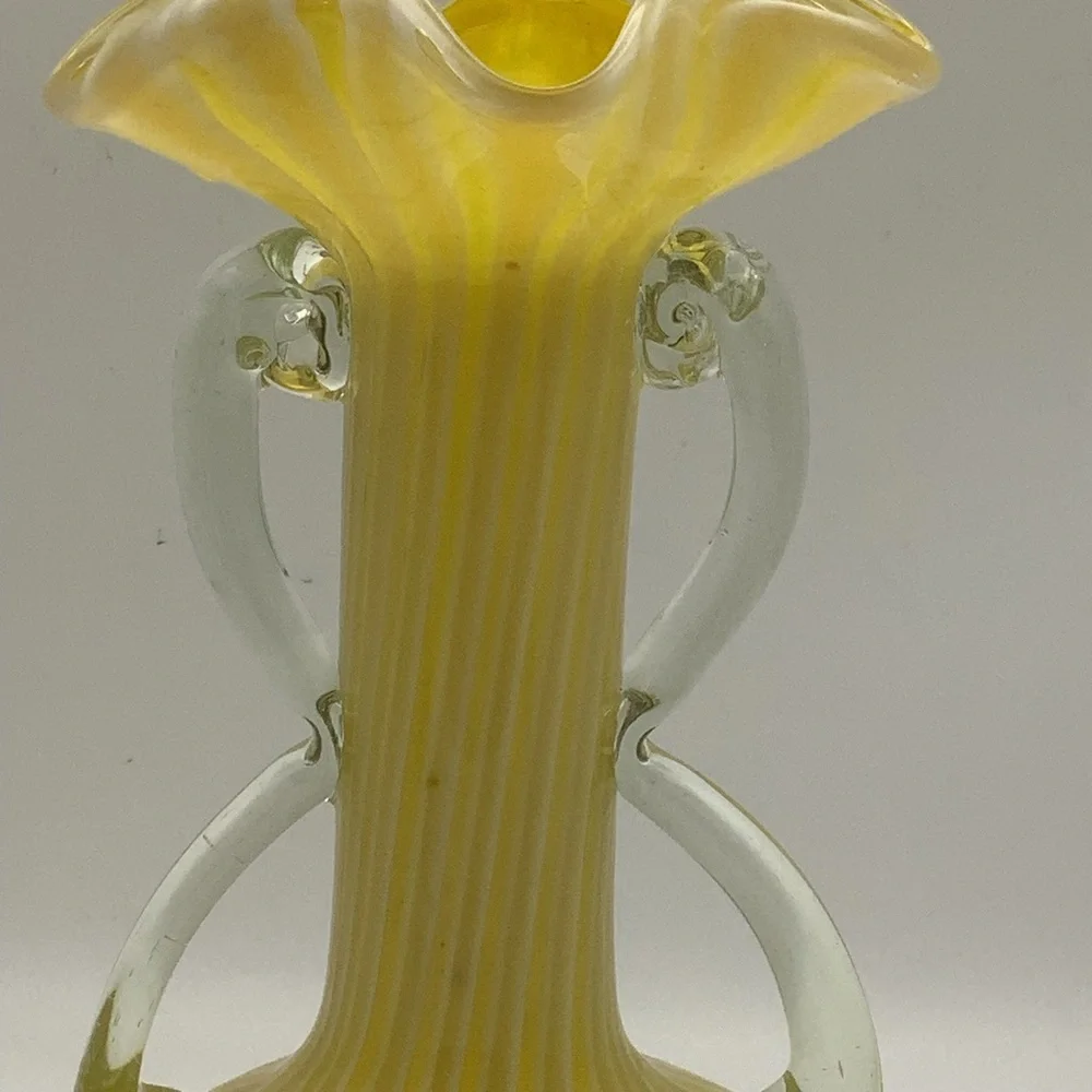 Vintage Murano Style Handblown Yellow and Clear Swirl Glass Vase